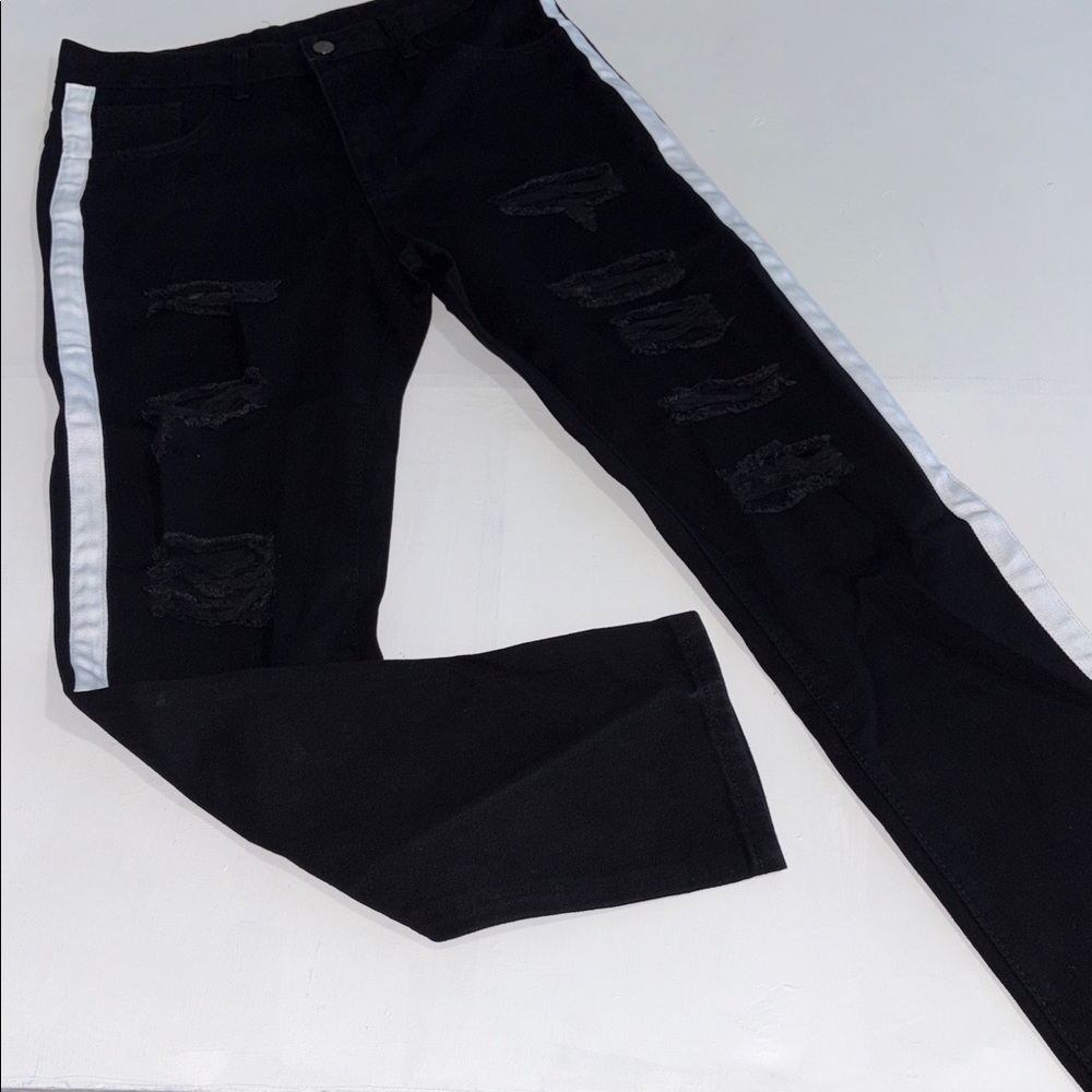 Black Distressed Jeans with White Stripe